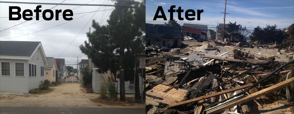 Before and after Hurricane Sandy showing coastal destruction