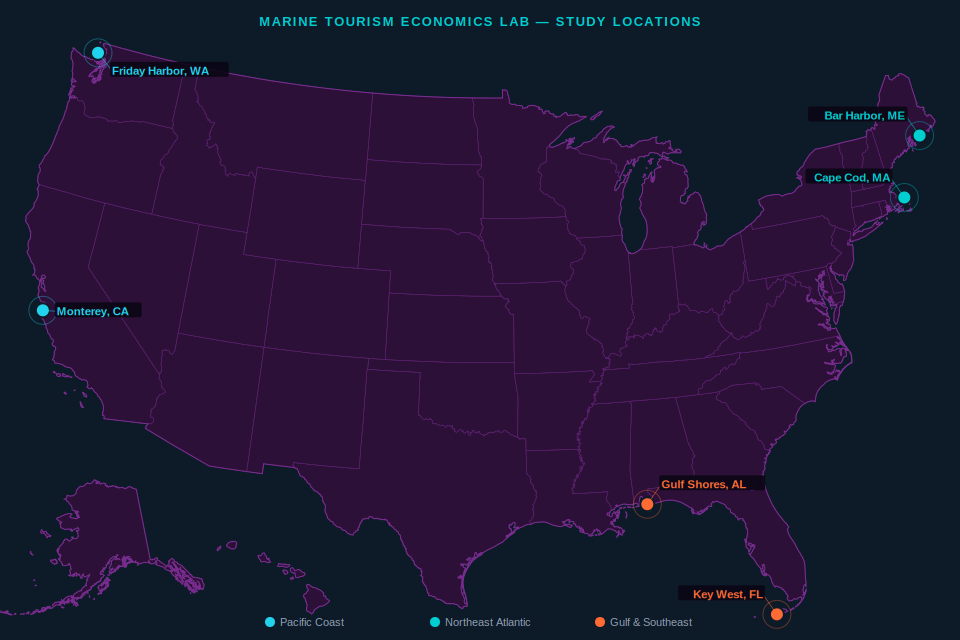 Map of the continental United States with six marine tourism study locations pinned